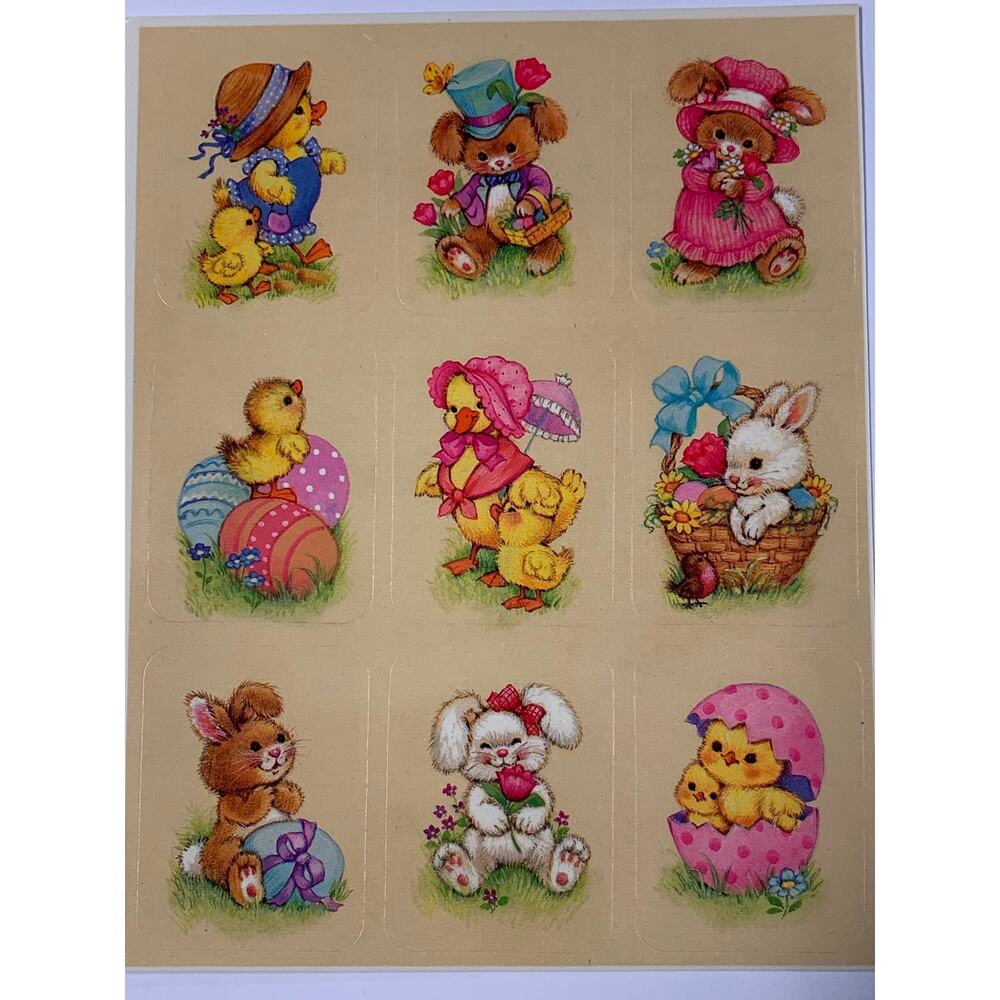Easter Stickers Spring Cute Animals Easter Egg Flowers Single Sticker Sheet 1980